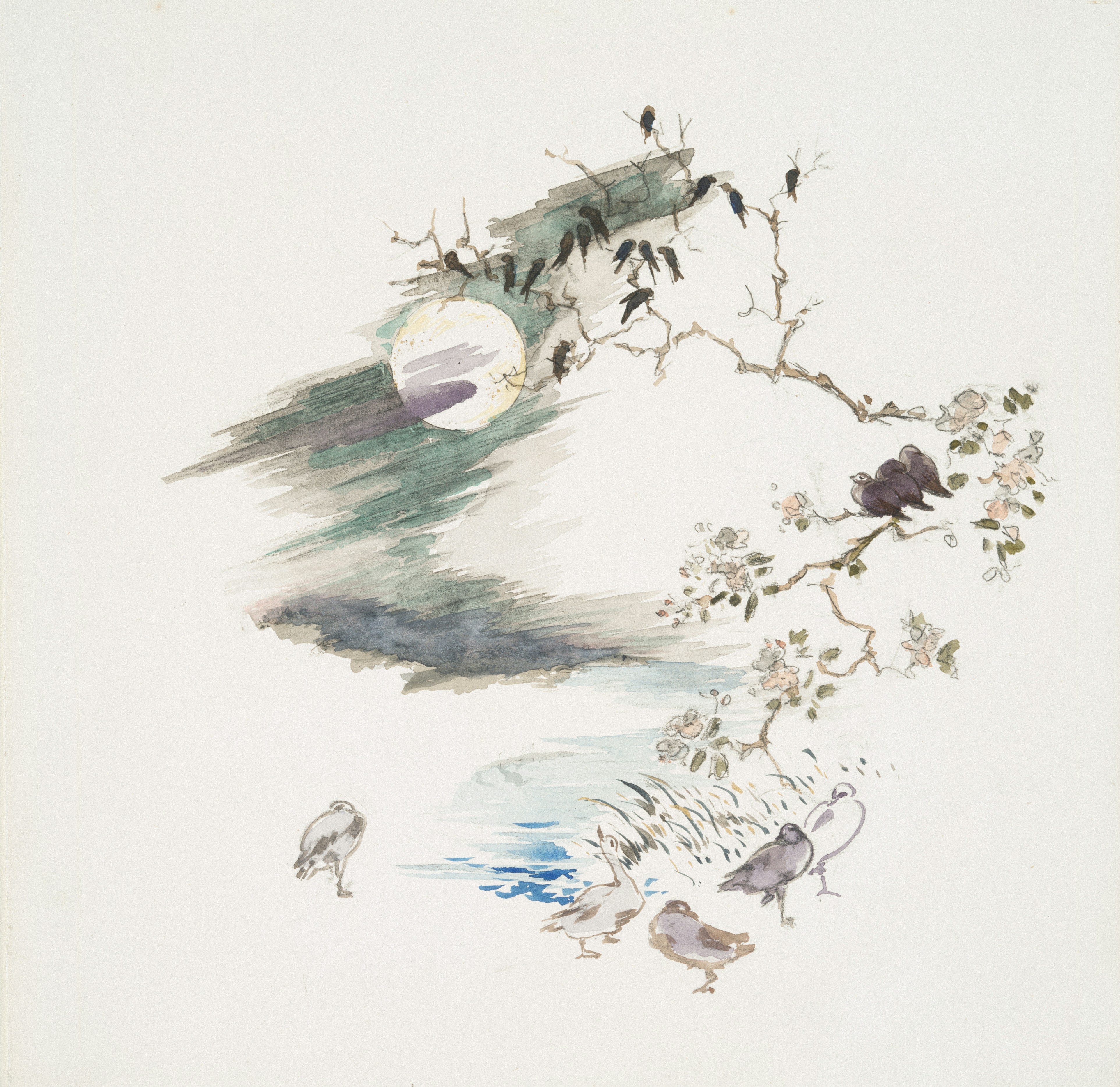 Watercolor birds on a branch